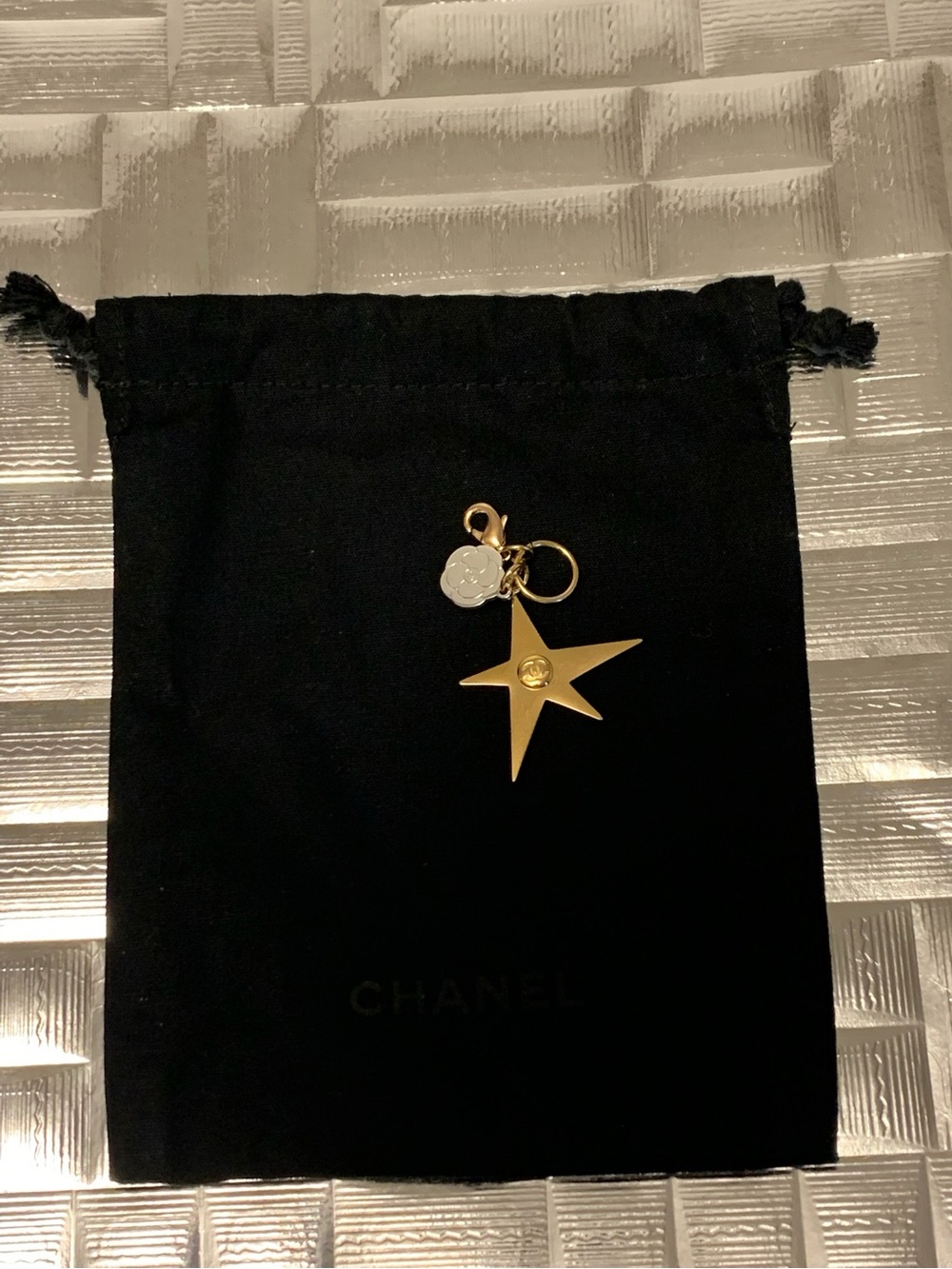 Chanel 2025 Holiday Camellia Flower Gold Charm Logo with Black Dust Bag NEW!